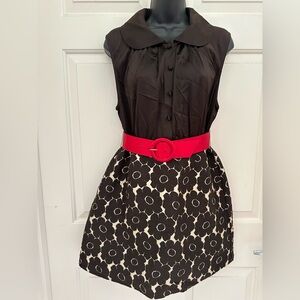 Alice & + Olivia Black Flower Dress with Red Belt Pockets M
